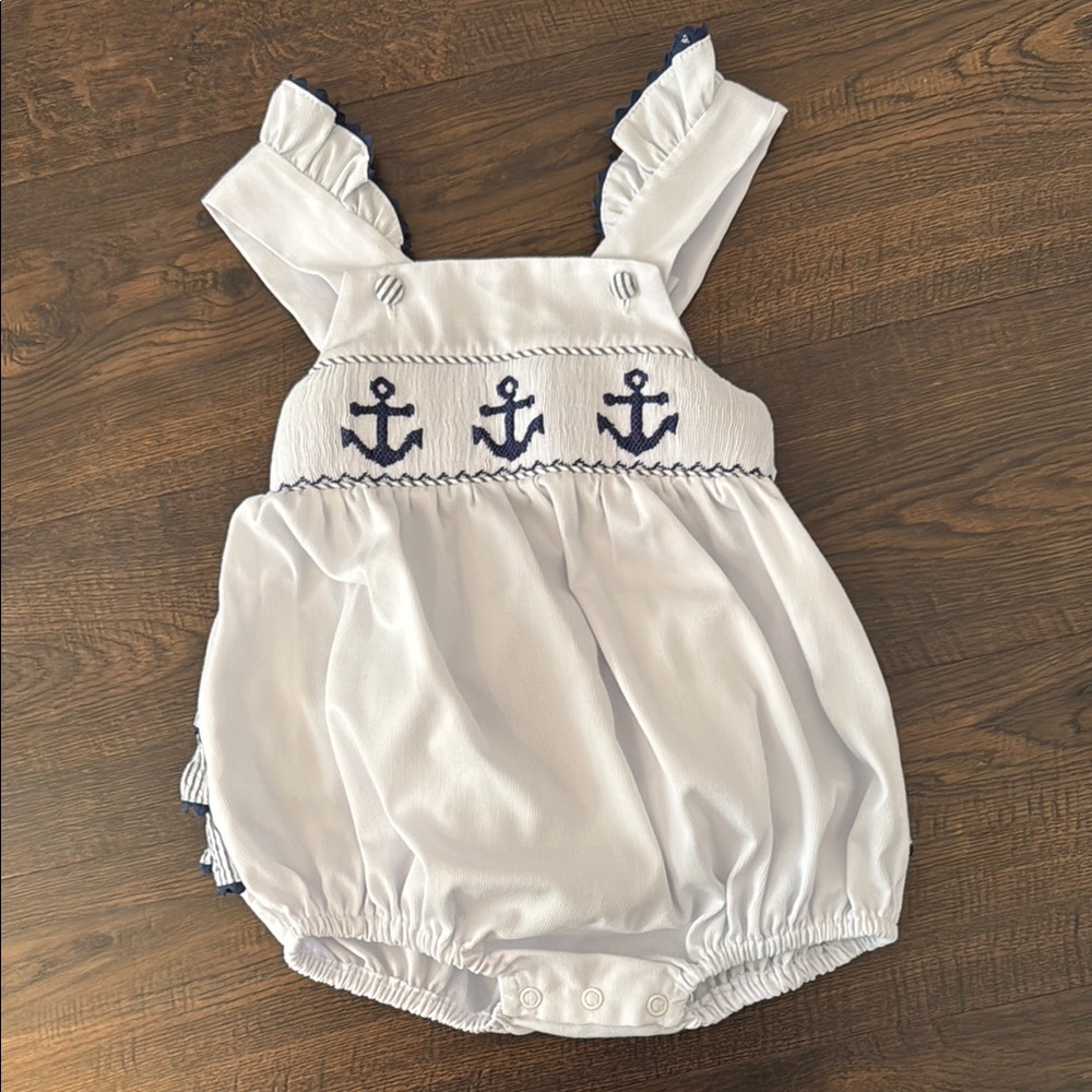 Nautical Smocked Baby Romper with Anchor Design 18M EUC